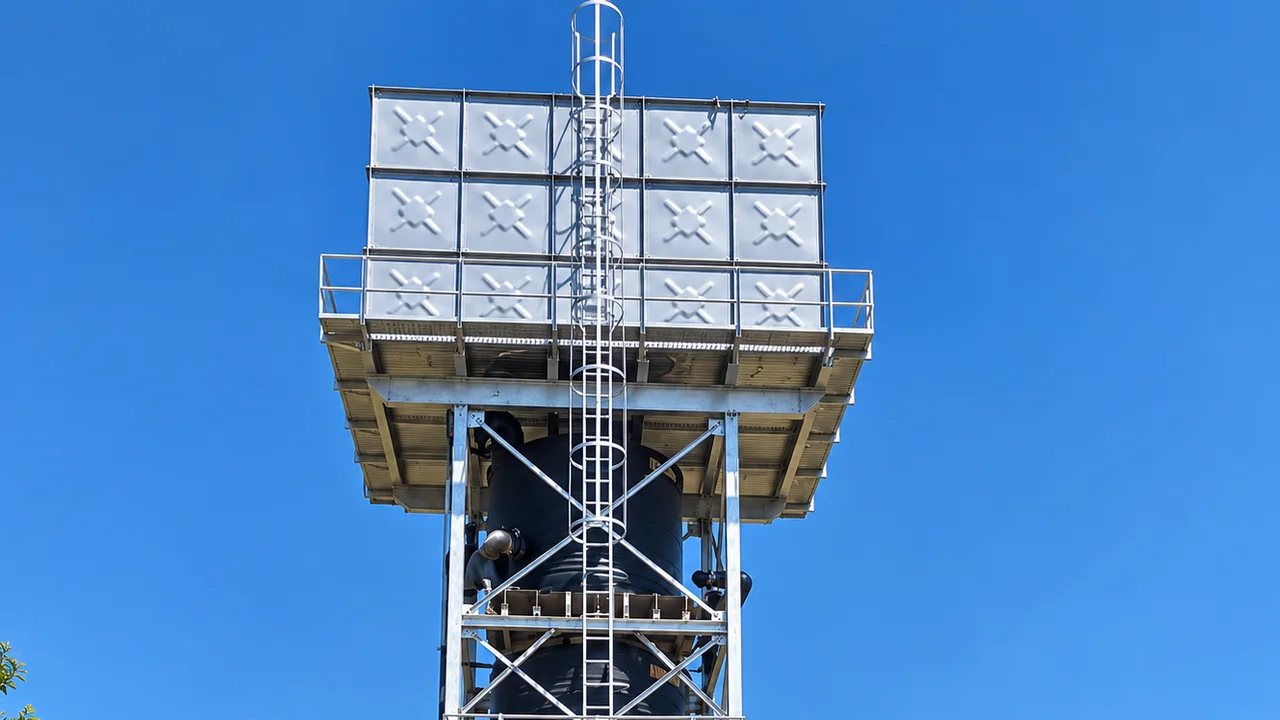 Elevated steel tank tower: servicing covers the whole water system, not just the borehole